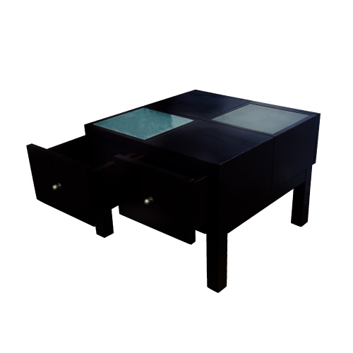 WOODEN ACCENT TABLE WITH DRAWER & GLASS ON TOP